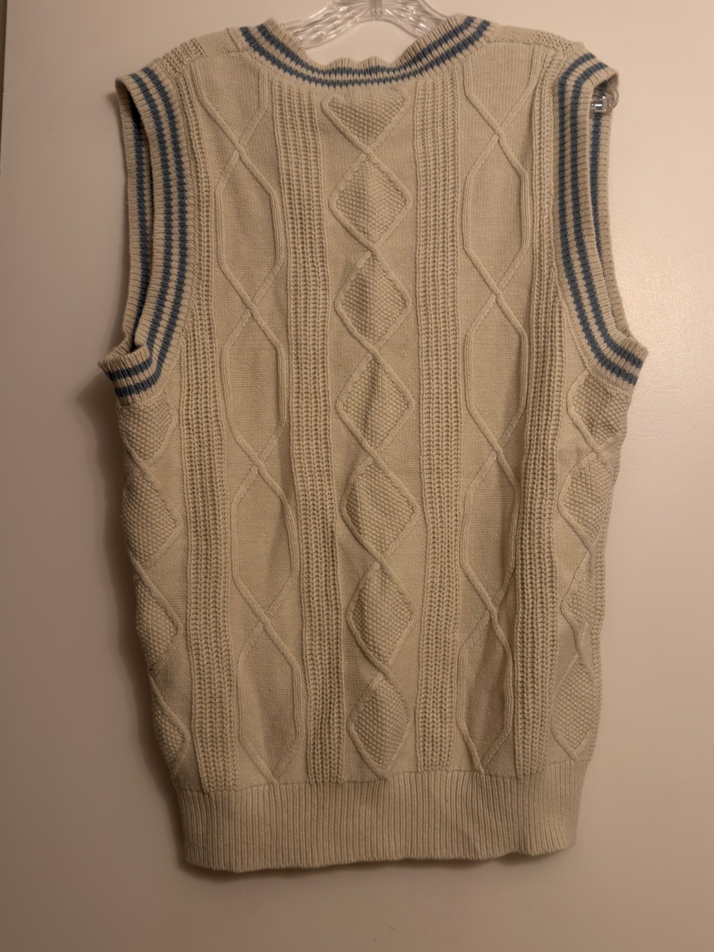 Women’s Cable Knit Button Vest - Cream with Blue Trim - Picture 3 of 4